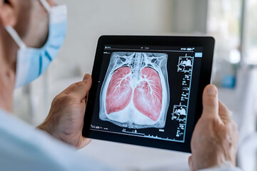 Doctor reviews lung scan on digital tablet, revealing intricate respiratory system details. Medical professional wearing face mask in bright clinic setting.