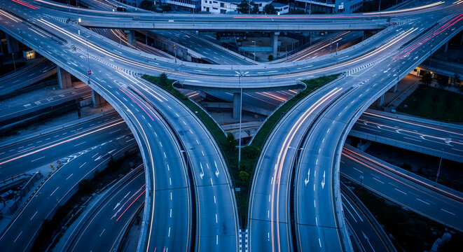Aerial view of a complex highway interchange showing traffic light trails at night creates a modern dynamic urban transport landscape - Powered by Adobe