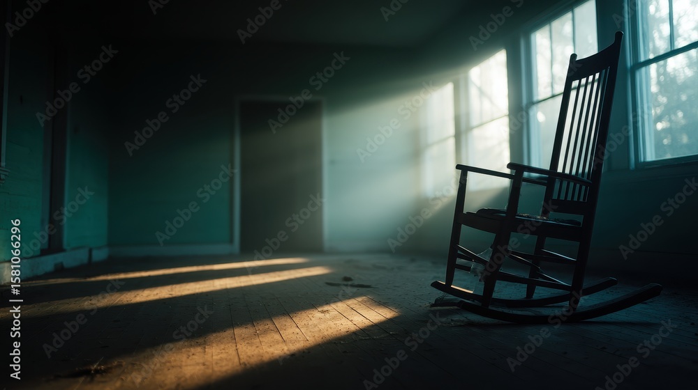 Poster abandoned room with a rocking chair illuminated by soft sunlight filtering through windows