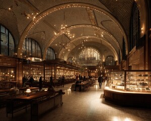 A dimly lit, grand hall with high ceilings, arched windows, and people enjoying a meal. Warm lighting creates a cozy atmosphere.