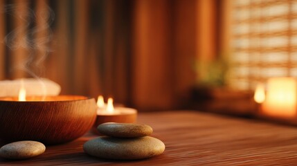 Serene spa setting with wooden bowl and stones, soft candlelight creating a calming atmosphere