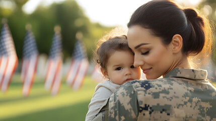A woman in camouflage holds a baby against a field of flags, showcasing family and patriotism.