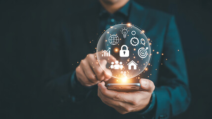 Businessman holding a glowing sphere with digital icons representing global technology, business, security, and data connections, symbolizing innovation and future growth