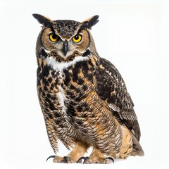 Obraz premium Majestic great horned owl portrait displaying captivating plumage details on white background