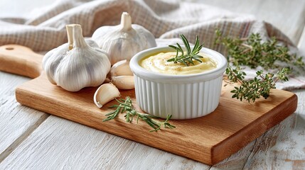 Garlic aioli served with garlic bulbs, sprigs of thyme, and rosemary garnish. Creamy dipping sauce for appetizers, sauces, or vegetable dips.