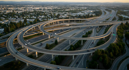 Aerial view of a complex highway interchange with multiple overpasses and lanes in city