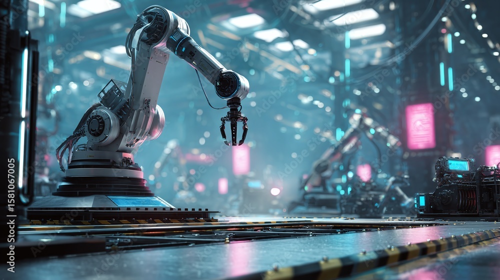 Poster automated factory with robotic arms performing manufacturing tasks, illuminated by futuristic lighti
