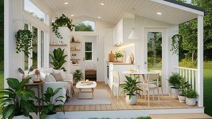 Charming and bright modern tiny home interior with lush greenery and natural light creating a serene and inviting living space.