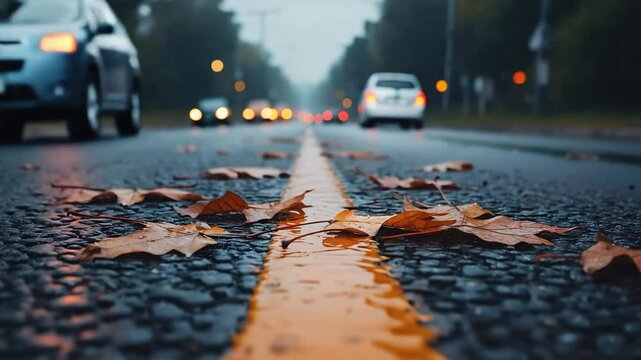A cinematic shot using a leading line, focusing on scattered leaves on a wet road with cars in the background.