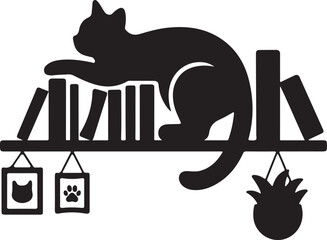 Black cat silhouette on bookshelf with decorative elements for home decor design.