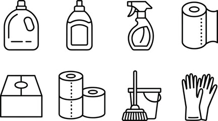 Cleaning icons cad drawing flat vector illustration, eight black household symbols including toilet paper, gloves, spray bottle, and detergentCleaning icons cad drawing flat vector illustration