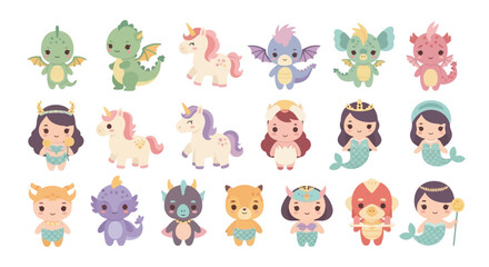 Obraz premium Adorable cartoon collection of mythical creatures: unicorns, dragons, and mermaids.