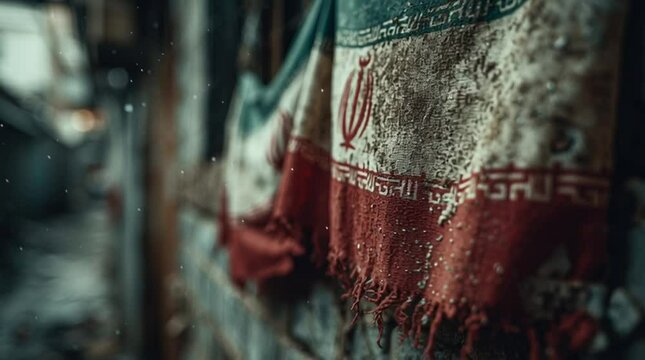 A Fading Symbol: Torn Iranian Flag Against Crumbling Walls in a Desolate Alley