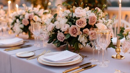 Elegant floral centerpiece on a beautifully set dining table for a wedding reception outdoors