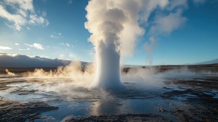 Powerful geyser erupts in a scenic landscape.