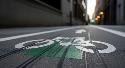Bicycle lane marking on asphalt road in urban environment during daytime with natural light symbolizing active transportation