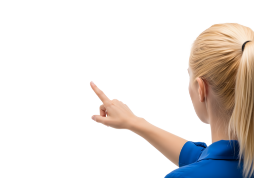 Back View of Woman Pointing Upward Guidance and Direction Concept for Presentation or Instruction Background 