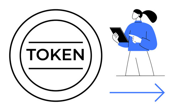 Token inside a circle beside a person holding a tablet and right-pointing arrow. Ideal for blockchain, cryptocurrency, technology, finance, business, growth, and simple landing page