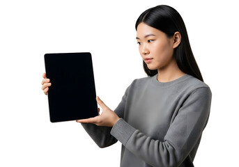Young Asian woman using digital tablet with blank screen, presenting technological device for work or entertainment.
