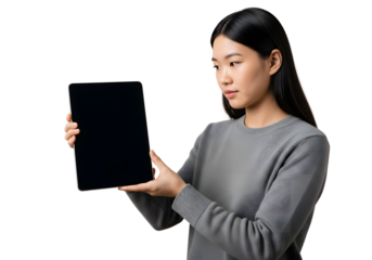 Young Asian woman using digital tablet with blank screen, presenting technological device for work or entertainment.