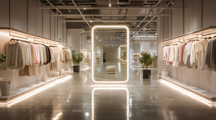 Augmented reality fitting room in department store where customer sees virtual outfits on mirror, clean modern retail lighting --ar 16:9