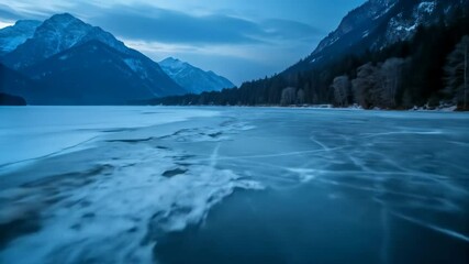 Frozen Lake at Dusk, Mountain Landscape - A serene winter scene of a partially frozen lake at dusk, framed by snow-capped mountains and a dark evergreen forest. - Powered by Adobe