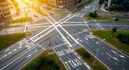 Aerial view of a complex urban intersection with multiple taxi lanes in the city, bathed in warm sunlight and showcasing modern urban planning