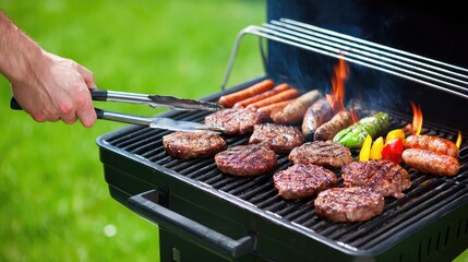 Enjoying a delightful garden picnic with delicious food, drinks, and grilling in perfect summer weather with friends and family gathering close by