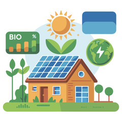 Eco-Friendly House with Solar Panels and Renewable Energy Icons