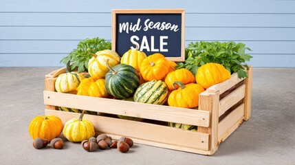 Autumn Retail Visual Merchandising with Mini Pumpkins, Mid-Season Sale Signs, and Acorns for Pre-Fall Flash Sale Promotion