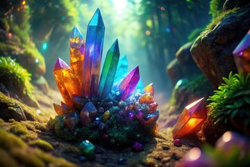 Obraz premium Mystical Forest Crystals: Macro Photography of Vibrant Gemstones Emerging from Rocks