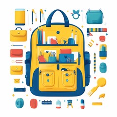 Brightly colored backpack filled with school supplies and stationery on a white background
