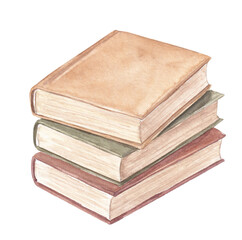 Watercolor stack of three vintage books isolated on white