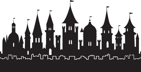 Enchanting Castle Silhouette Vector Illustration A Medieval Fortress Skyline with Towers and Flags Against a Transparent Backdrop