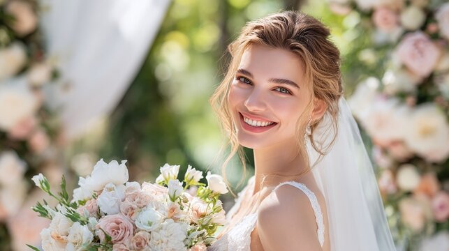 Radiant bride with a bouquet, smiling amidst floral decor, captures the essence of a joyous wedding day. Her beauty shines with happiness.