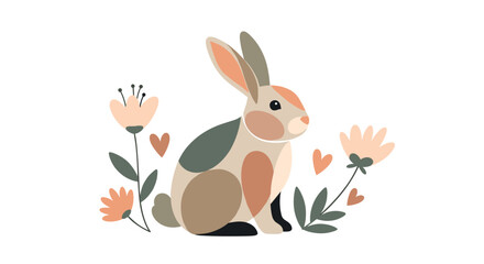 Obraz premium Charming Rabbit Amidst Spring Blossoms and Hearts A Whimsical Illustration of Nature's Gentle Beauty