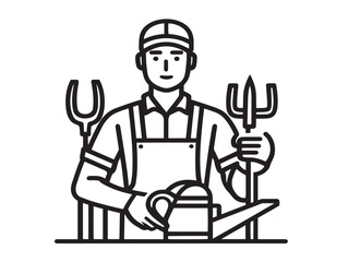 Skilled gardener with tools in minimalist vector style