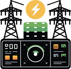 Electric Power Plant Control Panel with Transmission Tower Icon