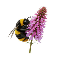 A fuzzy bumblebee collects nectar from a delicate pink flower isolated on transparent background
