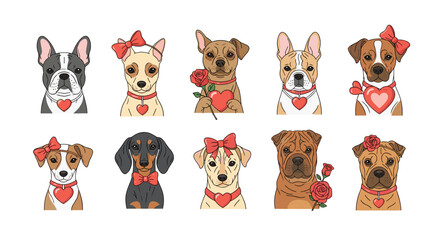 Adorable Pixel Art Dogs Celebrating Love with Hearts and Roses
