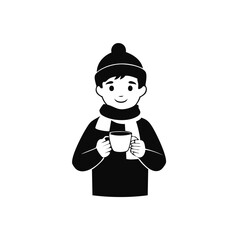 Boy wearing winter hat and scarf holding a mug vector