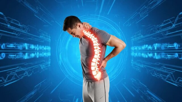 3D render of man with lower back pain and highlighted spine – concept of spinal injury, herniated disc, nerve damage, posture problems, or lumbar muscle strain in orthopedic or physical therapy

