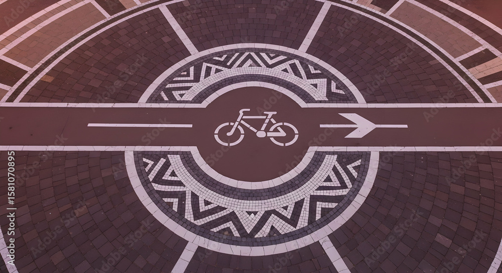 Poster abstract circular mosaic with bicycle symbol and arrow design on pavement