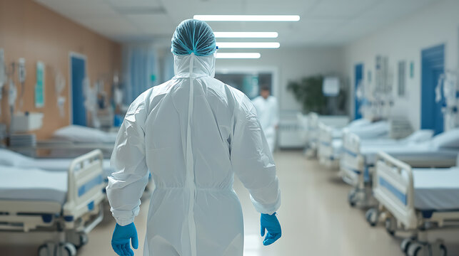 Healthcare worker in full protective gear walking through a hospital ward, ensuring patient safety and hygiene in a sterile environment.