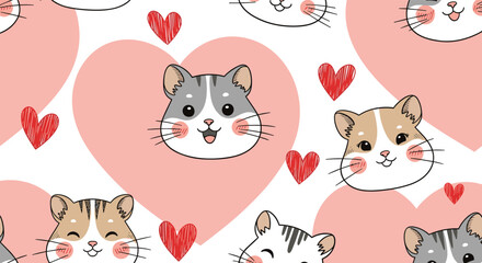 Obraz premium Cute Hamster Faces Surrounded by Pink Hearts and Red Hearts for a Whimsical Animal Theme