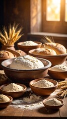 Rustic loaves, dough, and flour in bowls on a wooden table