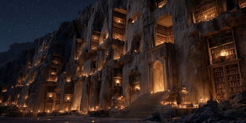 Ancient stone library carved into a cliff face, lit by candlelight under a starry night sky.