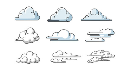Collection of Stylized Cloud Illustrations Featuring Diverse Artistic Styles and Textures