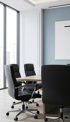 Modern conference room: black leather office chairs around wooden table, blank wall panel for ads, city view via large window. Represents corporate professionalism, success.