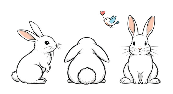 Charming White Rabbits in Various Poses with a Flying Bird